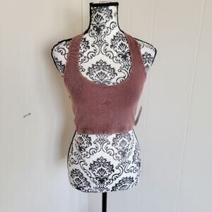 Ribbed Scoop Neck Crop Tank Top - Mauve Pink